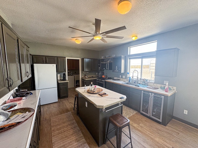 1500 Rancho Rd, Presidio, TX 79845 - kitchen with freestanding refrigerator, light wood-type flooring, a sink, a kitchen bar, and a ceiling fan