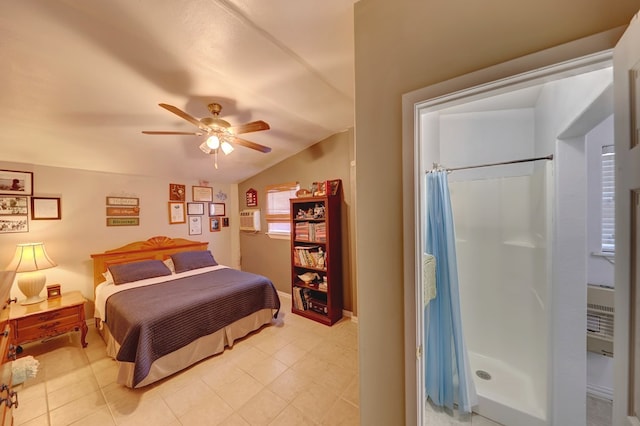 104 E 3rd St, Marfa, TX 79843 - bedroom featuring ceiling fan, lofted ceiling, and a wall unit AC