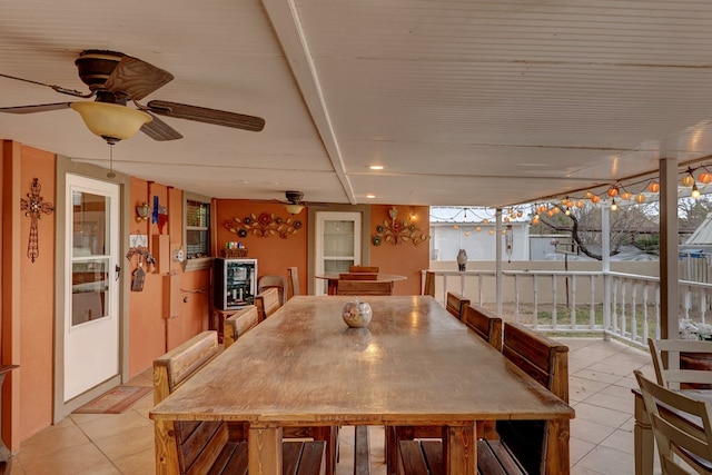 104 E 3rd St, Marfa, TX 79843 - exterior space featuring light tile patterned floors, beverage cooler, a ceiling fan, and beam ceiling