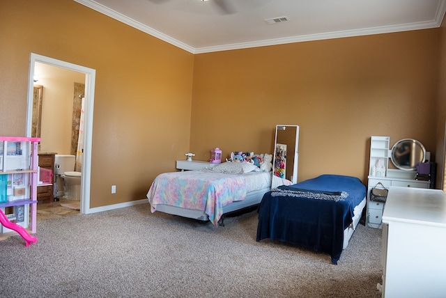 9540 W April St, Odessa, TX 79764 - carpeted bedroom featuring crown molding, ensuite bathroom, and a ceiling fan