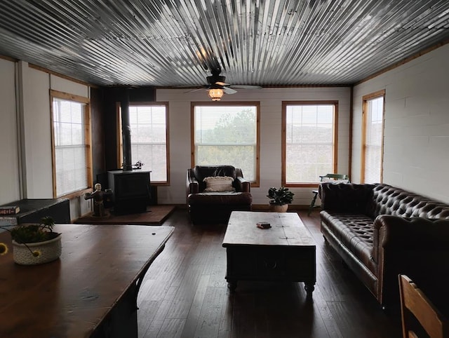 living area featuring ceiling fan, dark wood finished floors, and a wood stove