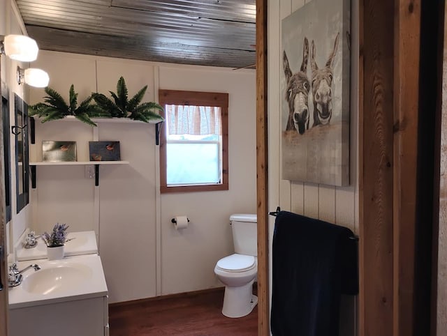 bathroom with wood ceiling, wood finished floors, vanity, and toilet