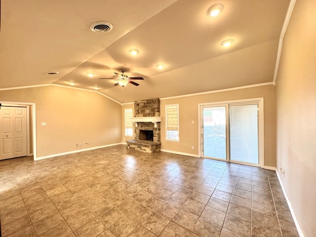 2003 N Enfield Rd, Alpine, TX 79830 - unfurnished living room with vaulted ceiling, ceiling fan, baseboards, ornamental molding, and a fireplace