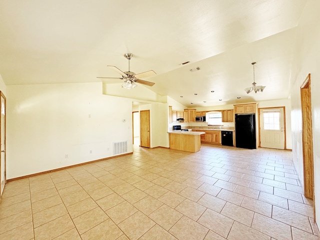 1106 W Eagle Pass, Alpine, TX 79830 - unfurnished living room featuring lofted ceiling, light tile patterned floors, baseboards, and a ceiling fan