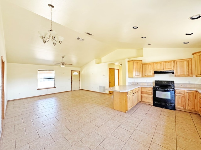 1106 W Eagle Pass, Alpine, TX 79830 - kitchen with black range with electric stovetop, light brown cabinets, light countertops, a peninsula, and high vaulted ceiling
