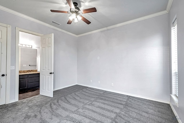 3 E Wavyleaf Ct, Odessa, TX 79762 - empty room with dark colored carpet, a ceiling fan, ornamental molding, and baseboards