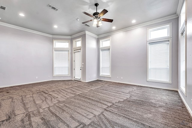3 E Wavyleaf Ct, Odessa, TX 79762 - spare room with ornamental molding, a ceiling fan, carpet floors, baseboards, and recessed lighting