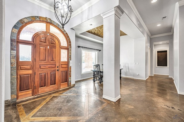3 E Wavyleaf Ct, Odessa, TX 79762 - foyer featuring baseboards, inlaid floor details, a chandelier, crown molding, and recessed lighting