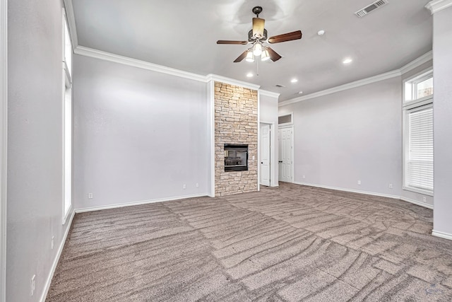 3 E Wavyleaf Ct, Odessa, TX 79762 - unfurnished living room with carpet, crown molding, a ceiling fan, recessed lighting, and a fireplace