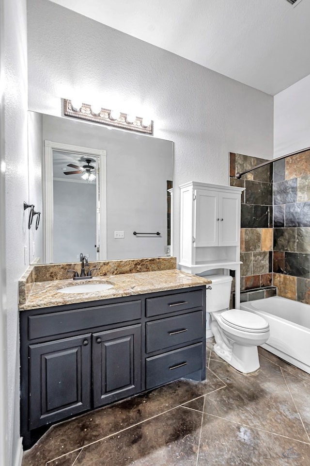 3 E Wavyleaf Ct, Odessa, TX 79762 - full bathroom with vanity, toilet, ceiling fan, shower / bathtub combination, and a textured wall