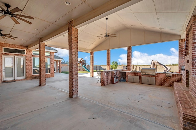3 E Wavyleaf Ct, Odessa, TX 79762 - view of patio featuring an outdoor kitchen, ceiling fan, a playground, and grilling area