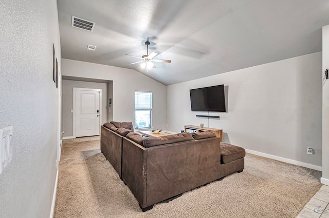 1320 E 94th St, Odessa, TX 79765 - carpeted living room with a ceiling fan and lofted ceiling