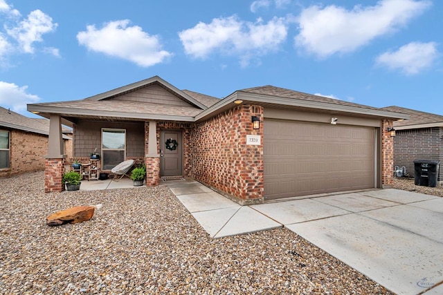 1320 E 94th St, Odessa, TX 79765 - ranch-style house with a garage, brick siding, concrete driveway, a shingled roof, and a porch