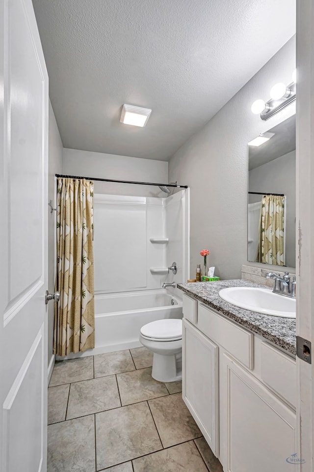 1320 E 94th St, Odessa, TX 79765 - full bathroom with vanity, shower / bath combination with curtain, a textured ceiling, and tile patterned floors