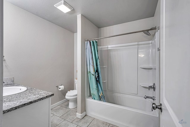 1320 E 94th St, Odessa, TX 79765 - bathroom featuring vanity, tile patterned flooring, shower / bath combo with shower curtain, and a textured ceiling