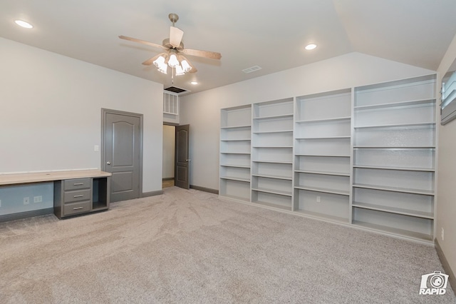 unfurnished bedroom with light colored carpet, recessed lighting, a desk, baseboards, and ceiling fan