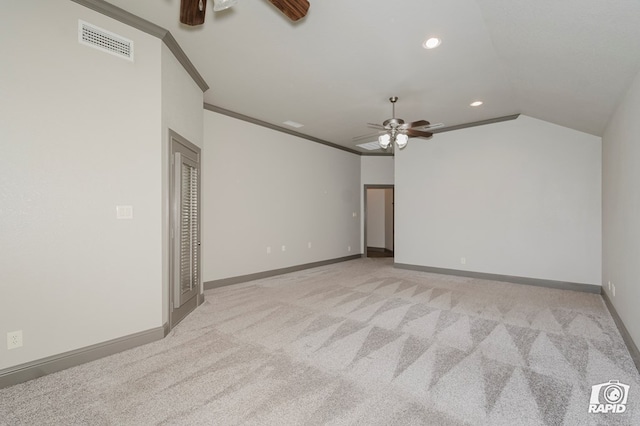 unfurnished room featuring ceiling fan, light colored carpet, baseboards, recessed lighting, and lofted ceiling