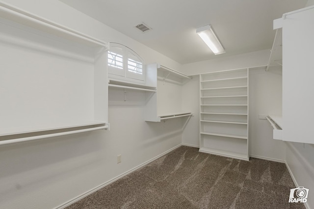 walk in closet with dark carpet