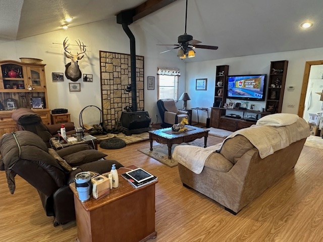 1013 Peachtree Cir, Alpine, TX 79830 - living area featuring a wood stove, light wood-style flooring, and a ceiling fan