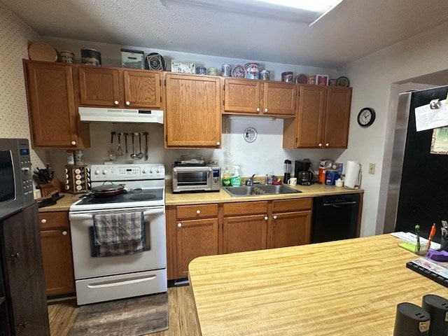 1013 Peachtree Cir, Alpine, TX 79830 - kitchen featuring white range with electric stovetop, black dishwasher, under cabinet range hood, light countertops, and wood finished floors