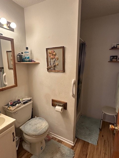 1013 Peachtree Cir, Alpine, TX 79830 - bathroom featuring wood finished floors, a shower with shower curtain, vanity, and a textured ceiling