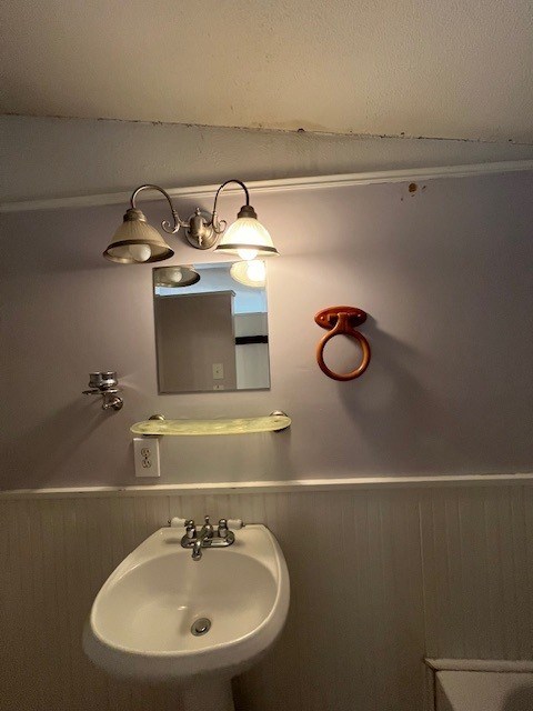 bathroom featuring wood walls and sink