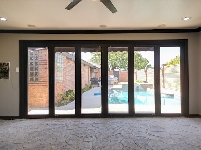 10 Lafayette Pl, Odessa, TX 79762 - doorway featuring stone finish floors, ceiling fan, and recessed lighting