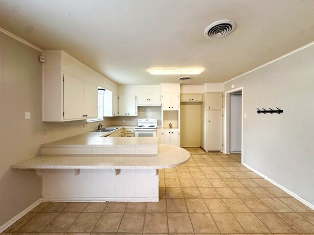 111 N 24th St, Lamesa, TX 79331 - kitchen featuring white range with electric stovetop, a sink, a peninsula, baseboards, and light countertops