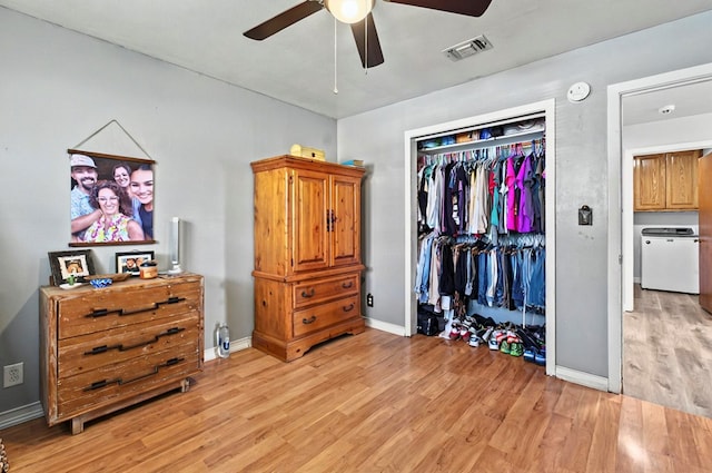 811 NW 7th St, Andrews, TX 79714 - bedroom featuring light wood-type flooring, a closet, baseboards, and a ceiling fan