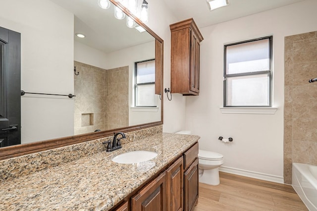 bathroom with toilet, vanity, and hardwood / wood-style flooring