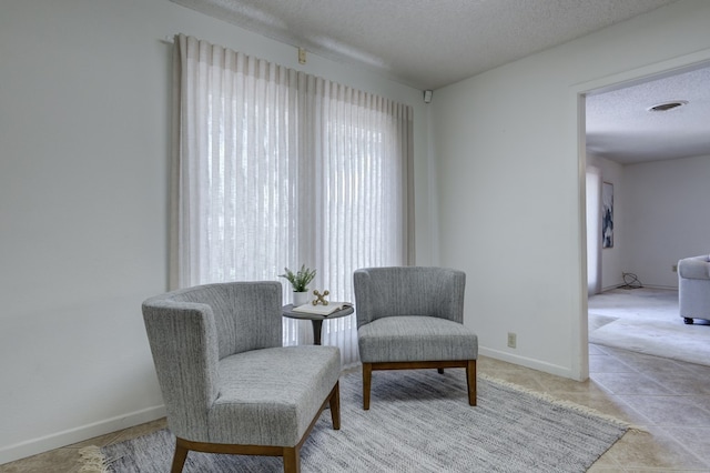 sitting room with a textured ceiling, baseboards, and carpet floors
