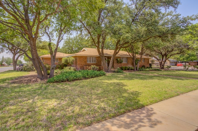 ranch-style home featuring brick siding and a front yard