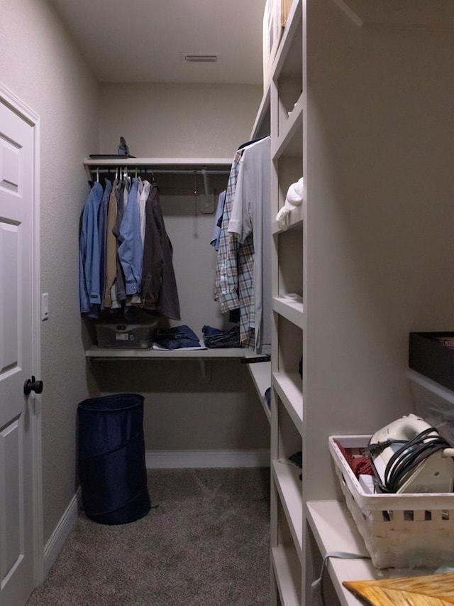 walk in closet with carpet floors