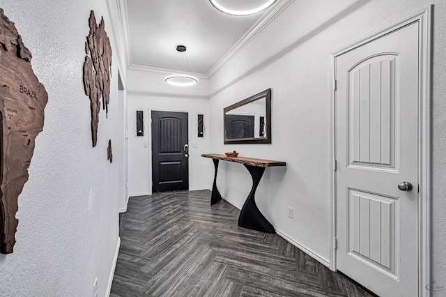 hallway with ornamental molding and baseboards