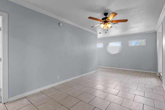 1306 Woodlawn Dr, Odessa, TX 79761 - spare room with ornamental molding, ceiling fan, light tile patterned flooring, and a textured ceiling