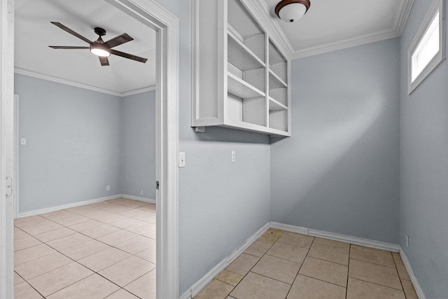 1306 Woodlawn Dr, Odessa, TX 79761 - washroom featuring ceiling fan, light tile patterned floors, and crown molding