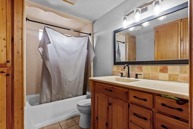 1306 Woodlawn Dr, Odessa, TX 79761 - full bath with vanity, shower / tub combo with curtain, decorative backsplash, tile patterned floors, and a textured wall