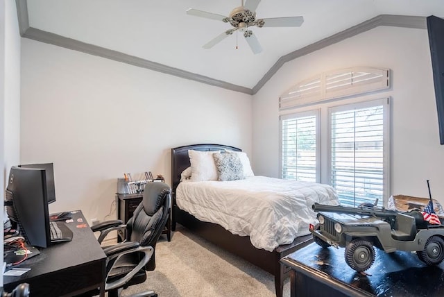 4402 Guadalupe, Midland, TX 79707 - bedroom with vaulted ceiling, crown molding, an office area, carpet, and a ceiling fan