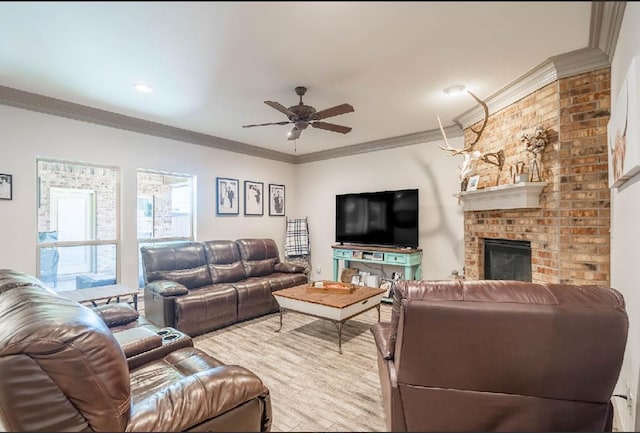 4402 Guadalupe, Midland, TX 79707 - living area with crown molding, a fireplace, and a ceiling fan