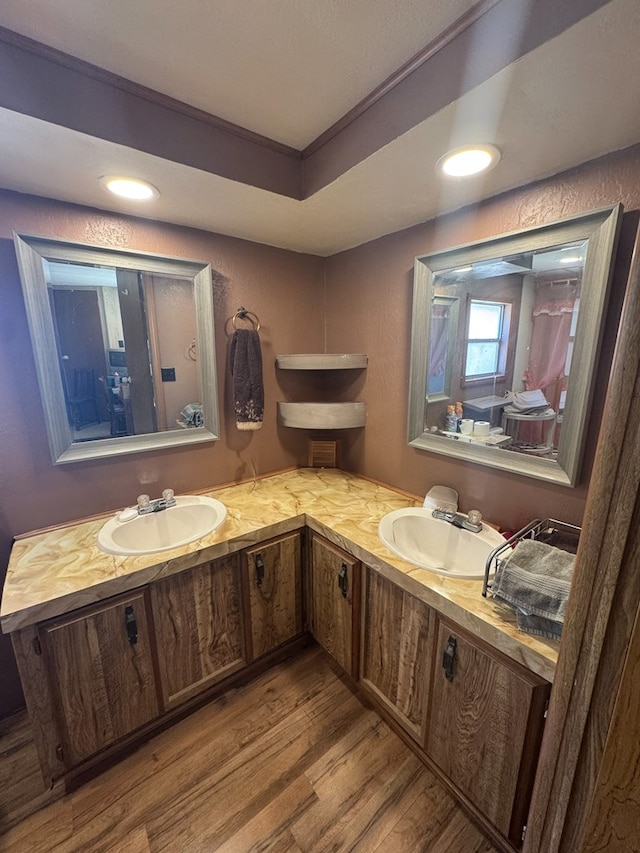 303 Squaw Valley Trl, Fort Davis, TX 79734 - full bathroom with double vanity, wood finished floors, crown molding, and recessed lighting