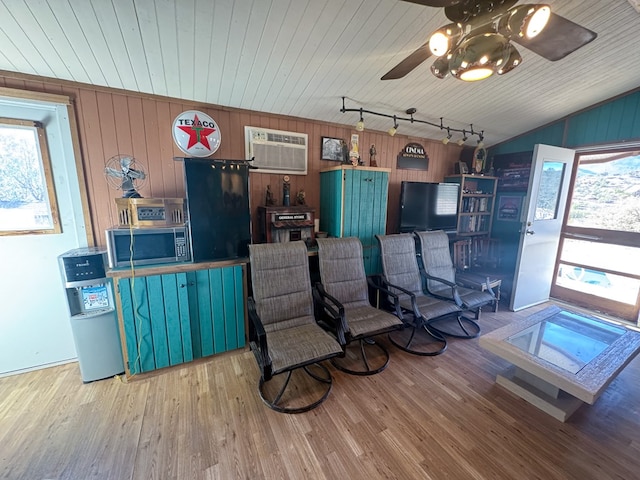 303 Squaw Valley Trl, Fort Davis, TX 79734 - misc room with lofted ceiling, healthy amount of natural light, a ceiling fan, a wall mounted AC, and wood walls
