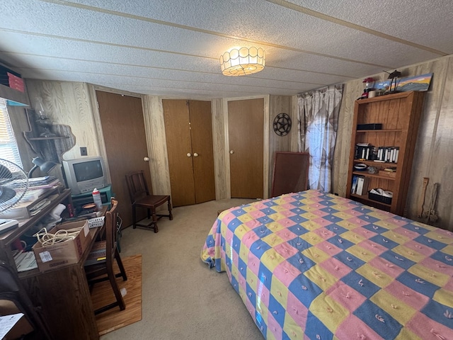 303 Squaw Valley Trl, Fort Davis, TX 79734 - bedroom featuring a textured ceiling, carpet flooring, and wood walls