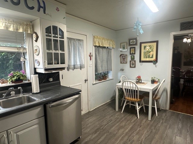 407 N Phelps St, Alpine, TX 79830 - kitchen with stainless steel dishwasher, dark wood-style flooring, glass insert cabinets, and a sink