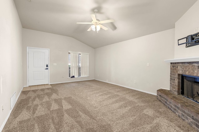 304 E 94th St, Odessa, TX 79765 - unfurnished living room with carpet flooring, ceiling fan, lofted ceiling, and a fireplace