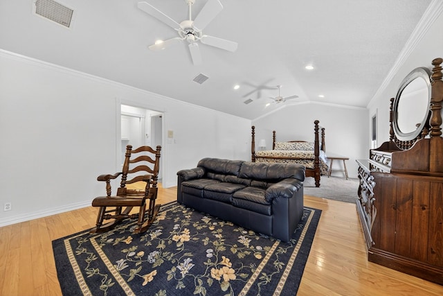 2720 Fair Oaks Cir, Odessa, TX 79762 - living room featuring lofted ceiling, a ceiling fan, light wood-type flooring, crown molding, and recessed lighting