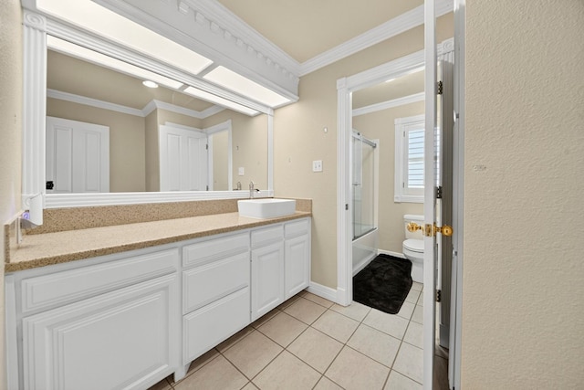2720 Fair Oaks Cir, Odessa, TX 79762 - bathroom featuring vanity, tile patterned flooring, bath / shower combo with glass door, and crown molding