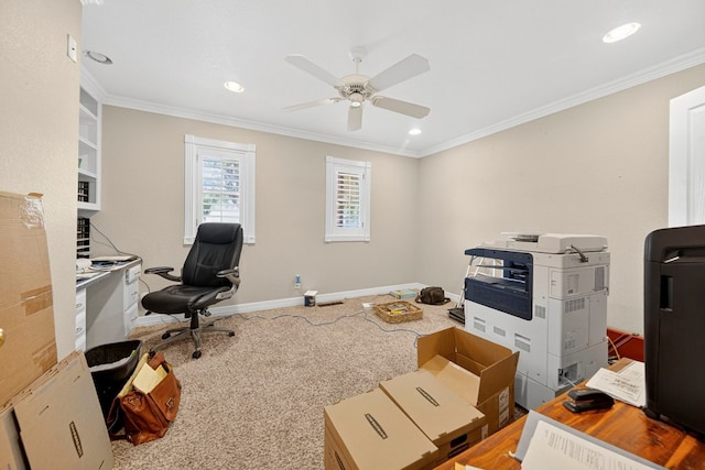 2720 Fair Oaks Cir, Odessa, TX 79762 - office space with carpet, ornamental molding, a ceiling fan, and recessed lighting