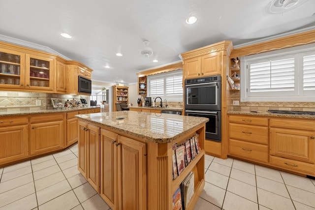 2720 Fair Oaks Cir, Odessa, TX 79762 - kitchen with open shelves, built in microwave, a center island, light tile patterned floors, and recessed lighting