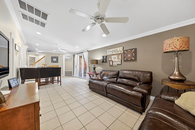 2720 Fair Oaks Cir, Odessa, TX 79762 - living area with ceiling fan, light tile patterned flooring, crown molding, stairway, and recessed lighting