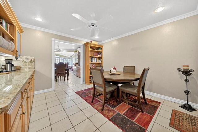 2720 Fair Oaks Cir, Odessa, TX 79762 - dining room with ceiling fan, light tile patterned flooring, ornamental molding, and recessed lighting
